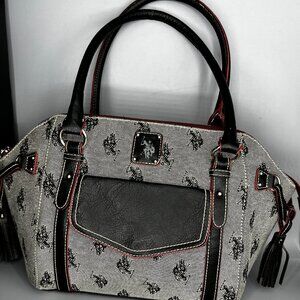 US POLO ASSN. LOGO LARGE CANVAS& FAUX BLACK LEATHER SHOULDER, PURSE BAG W/SILVER